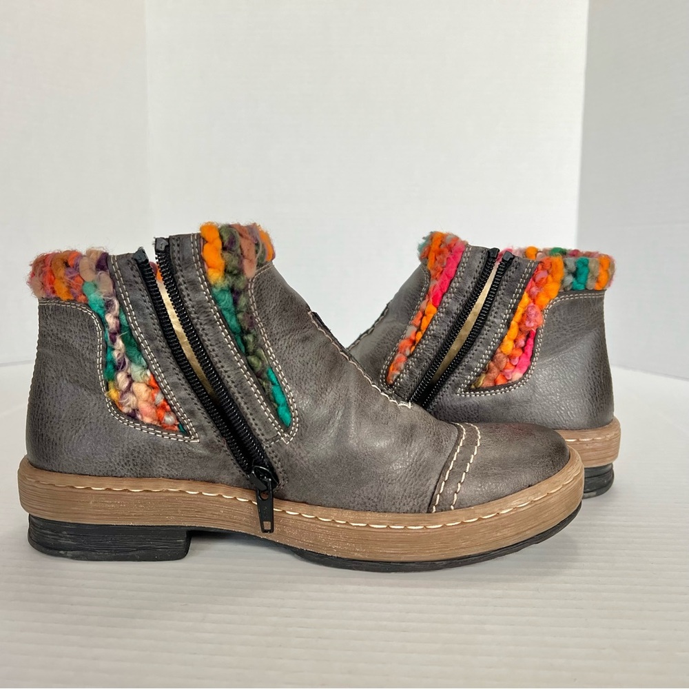 Rieker Brown Multi Color Knit Ankle Boots 36 Boho Zip Faux Leather Renfest